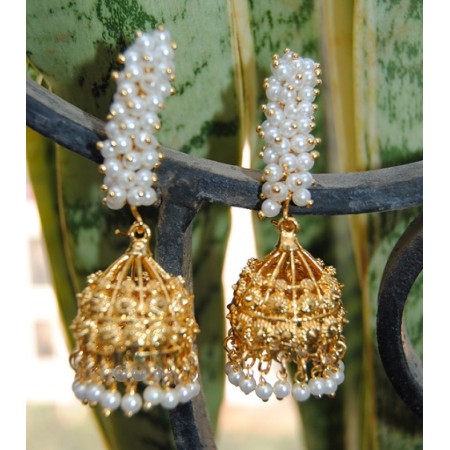 Pearly Stem Gold Jhumkas
